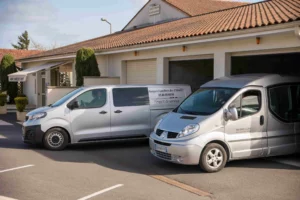 Véhicules funéraires et corbillards garés devant la chambre funéraire.